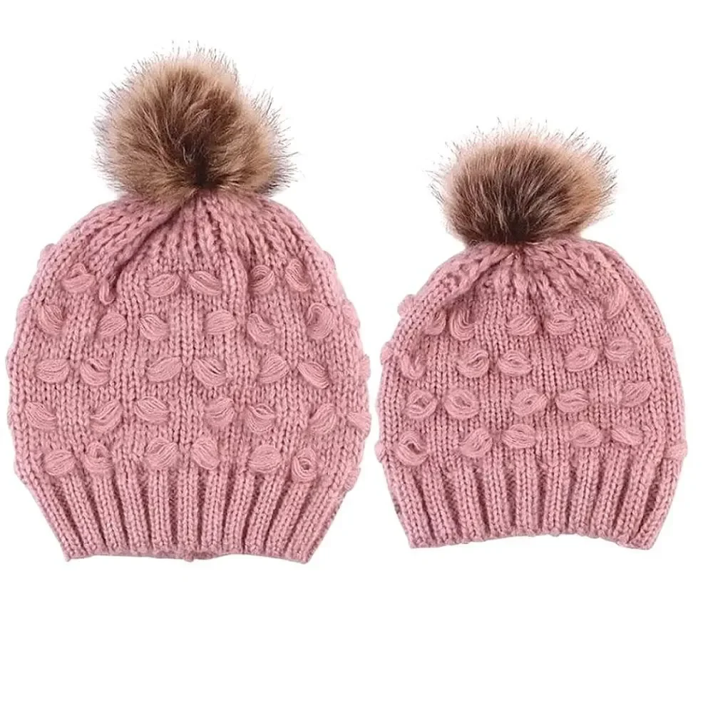 Mother Daughter Pink Knit Pompom Beanies NEW Tags - Picture 1 of 4